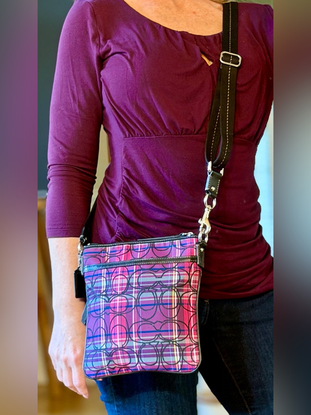 Coach Rare Y2K Late 2000s Poppy Tartan Plaid Crossbody Swingpack Purple Pink
